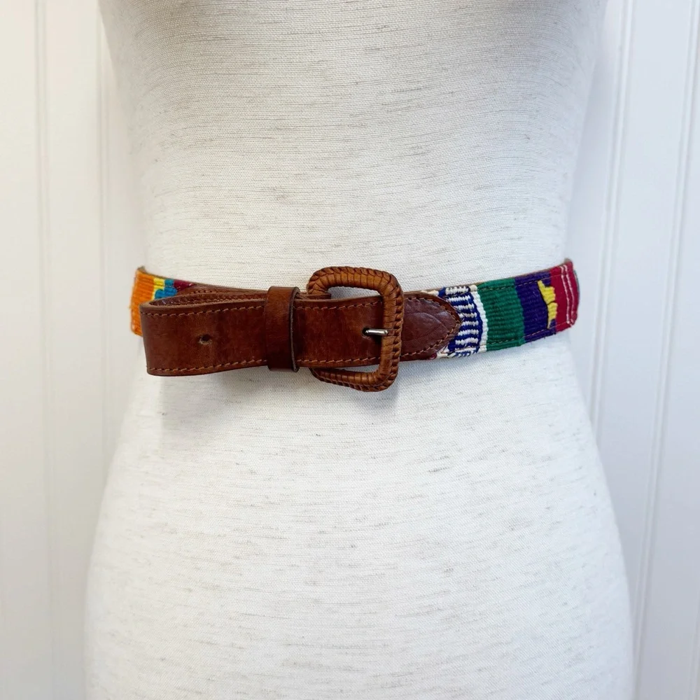 VINTAGE Leather Woven Rainbow‎ Textile Belt Size 42 Large XL Artsy Boho Womens